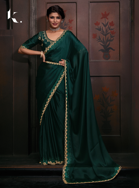 Bottle Green Radiant Premium Satin Silk Swarovski Work Saree