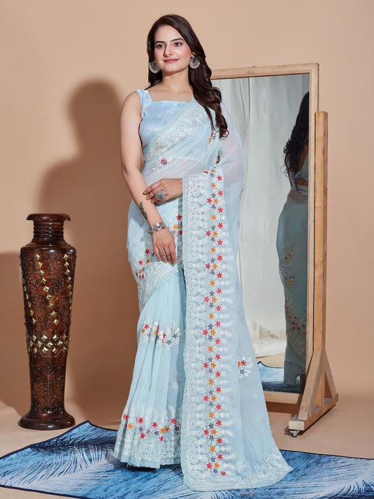 Powder Blue Soft Georgette Thread Embroidered Work Saree