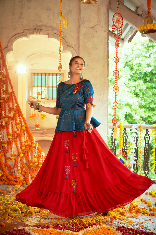 Teal Blue-Red Gaji Silk And Printed Fully Stitched Lehenga Choli