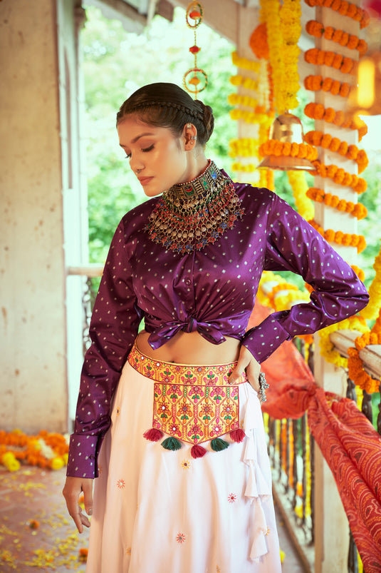 Purple-White Gaji Silk Printed And Embroidered Work Lehenga Choli