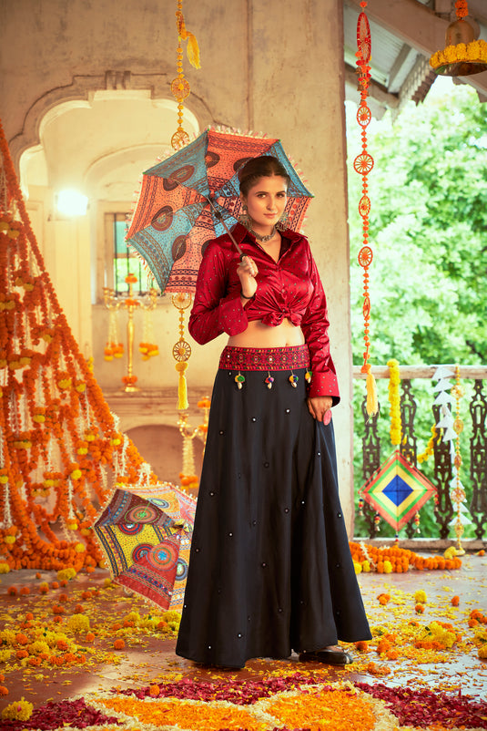 Maroon-Black Gaji Silk Printed And Embroidered Work Lehenga Choli