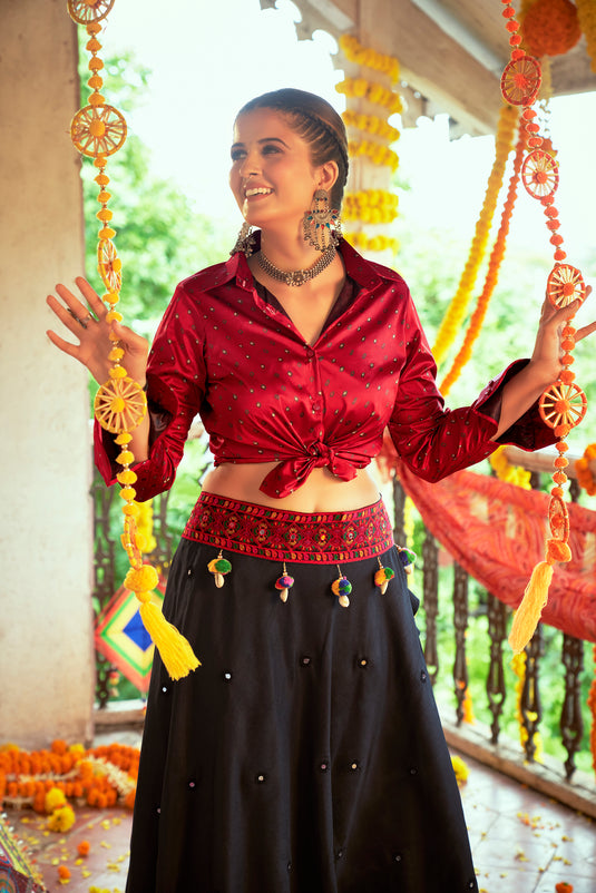 Maroon-Black Gaji Silk Printed And Embroidered Work Lehenga Choli