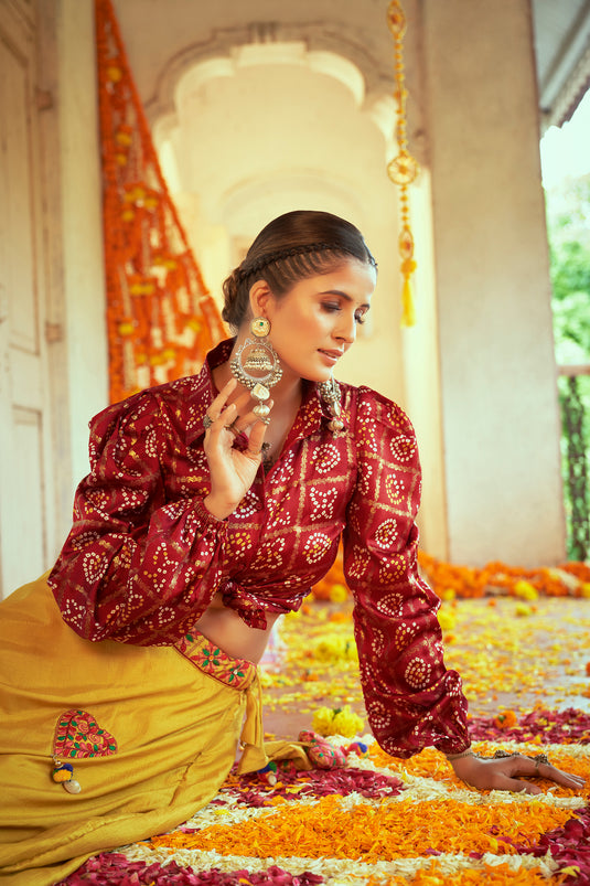 Mustard Yellow-Red Gaji Silk Printed And Embroidered Work Lehenga Choli