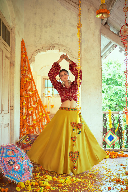 Mustard Yellow-Red Gaji Silk Printed And Embroidered Work Lehenga Choli