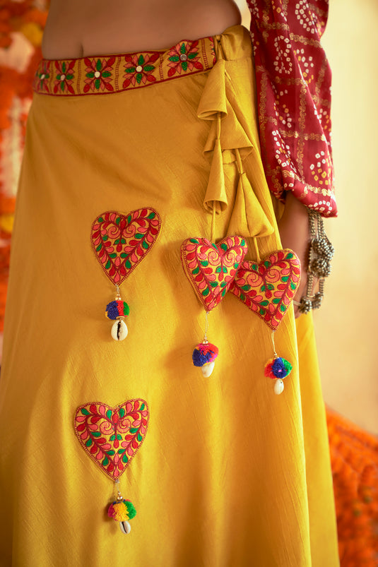 Mustard Yellow-Red Gaji Silk Printed And Embroidered Work Lehenga Choli