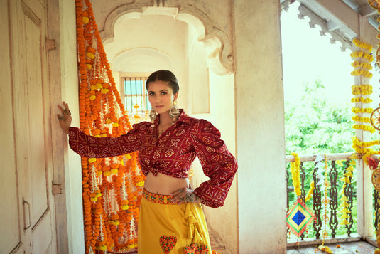 Mustard Yellow-Red Gaji Silk Printed And Embroidered Work Lehenga Choli