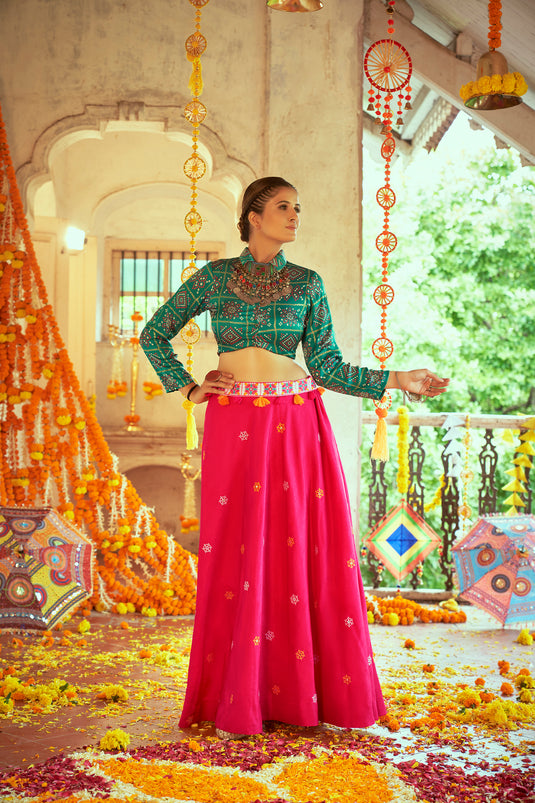 Green-Pink Gaji Silk Printed And Embroidered Work Lehenga Choli