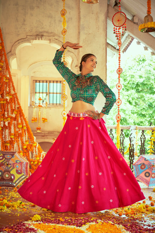 Green-Pink Gaji Silk Printed And Embroidered Work Lehenga Choli