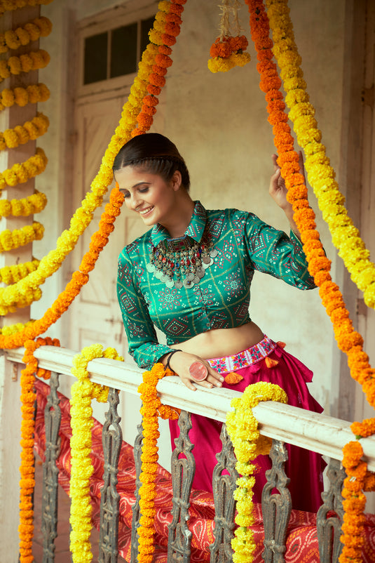 Green-Pink Gaji Silk Printed And Embroidered Work Lehenga Choli