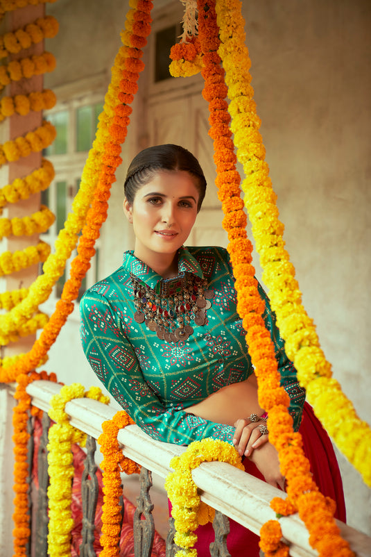 Green-Pink Gaji Silk Printed And Embroidered Work Lehenga Choli