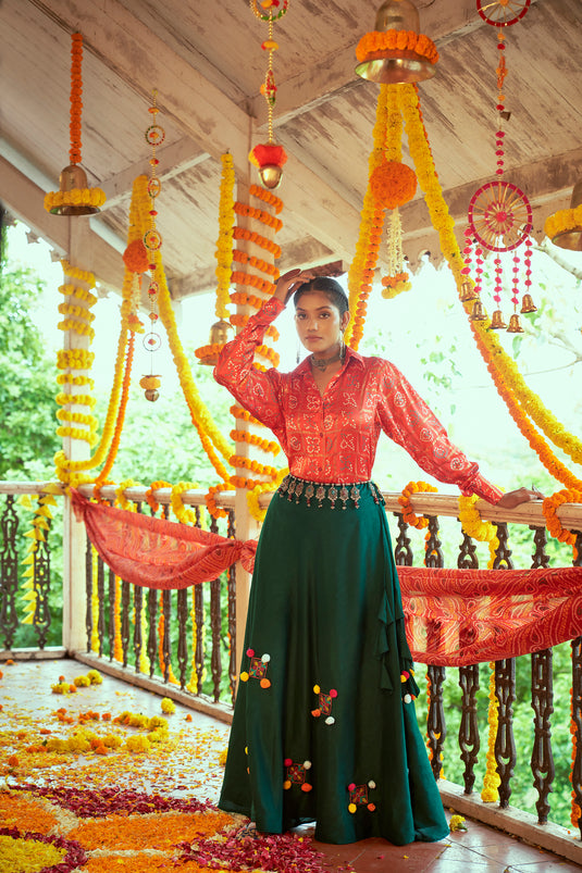 Red-Green Gaji Silk Printed And Embroidered Work Lehenga Choli