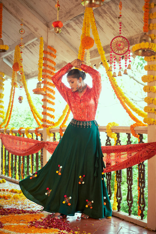 Red-Green Gaji Silk Printed And Embroidered Work Lehenga Choli