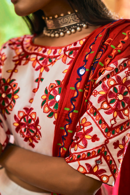 White Muslin Cotton Multi Color Thread Embroidered Lehenga Choli