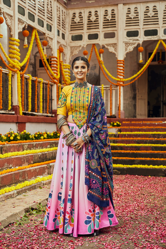 Yellow-Pink Maslin Cotton Digital Printed Semi Stitched Lehenga Choli