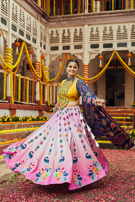 Yellow-Pink Maslin Cotton Digital Printed Semi Stitched Lehenga Choli