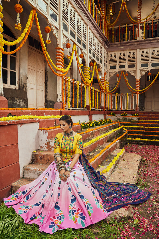 Yellow-Pink Maslin Cotton Digital Printed Semi Stitched Lehenga Choli