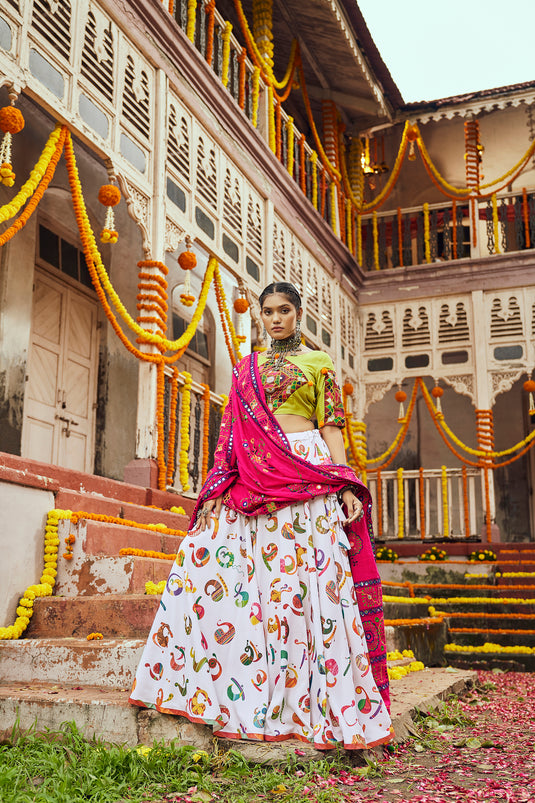 Parrot Green-White Maslin Cotton Digital Printed Semi Stitched Lehenga Choli