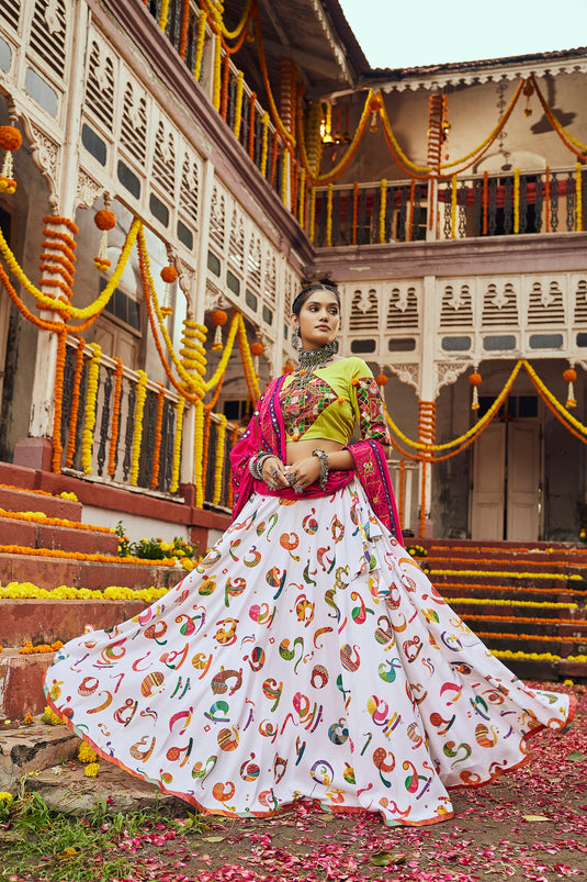 Parrot Green-White Maslin Cotton Digital Printed Semi Stitched Lehenga Choli