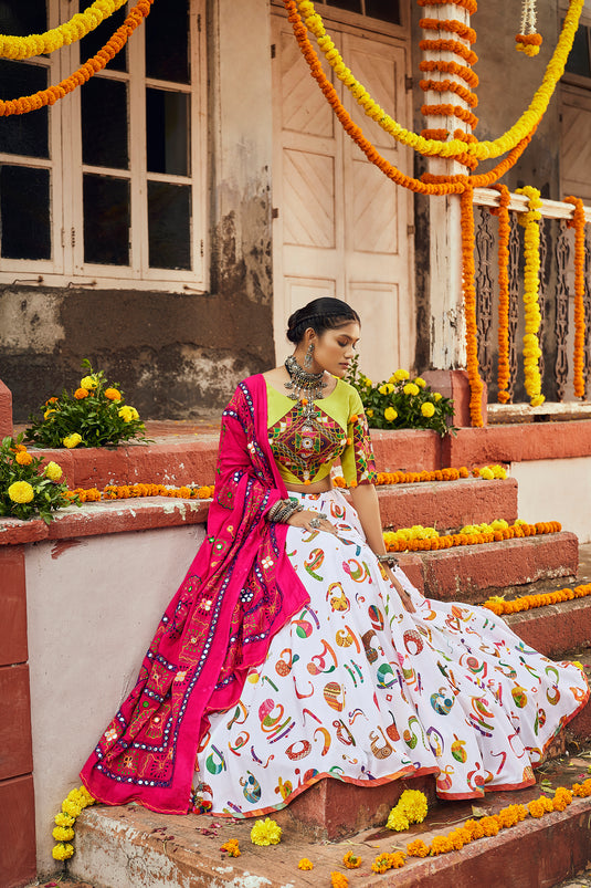 Parrot Green-White Maslin Cotton Digital Printed Semi Stitched Lehenga Choli