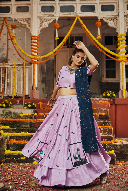 Lavender Maslin Cotton Digital Printed Semi Stitched Lehenga Choli