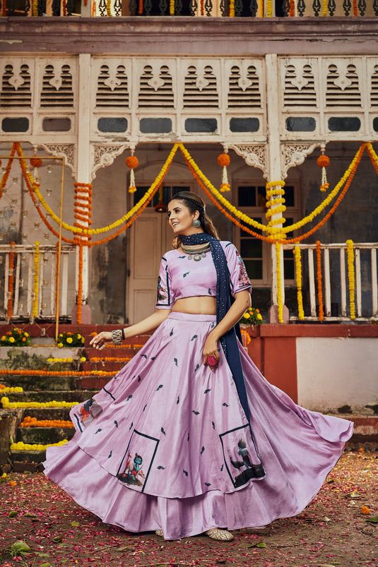 Lavender Maslin Cotton Digital Printed Semi Stitched Lehenga Choli