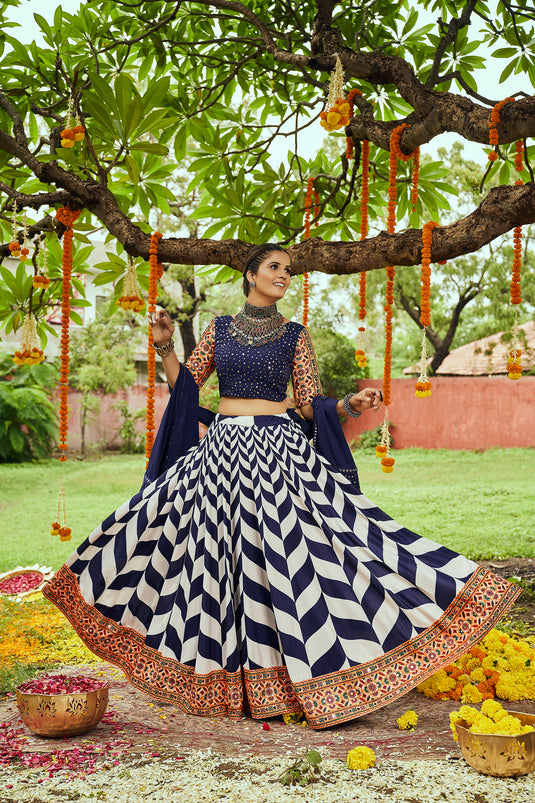 White-Navy Blue Maslin Cotton Digital Printed Semi Stitched Lehenga Choli