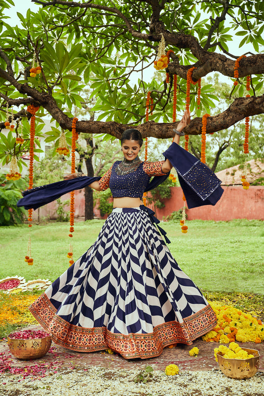 White-Navy Blue Maslin Cotton Digital Printed Semi Stitched Lehenga Choli