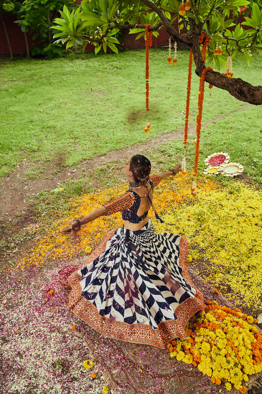 White-Navy Blue Maslin Cotton Digital Printed Semi Stitched Lehenga Choli