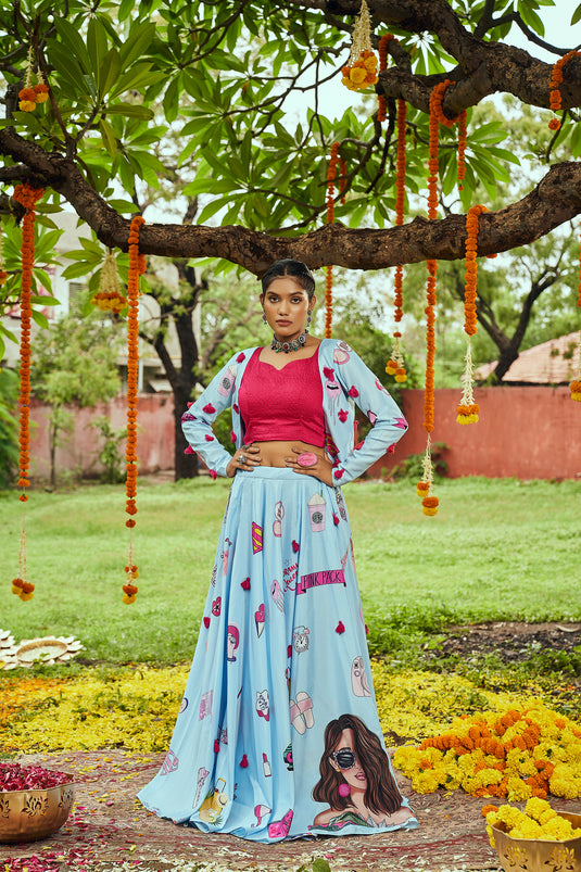 Powder Blue Maslin Cotton Digital Printed Semi Stitched Lehenga Choli