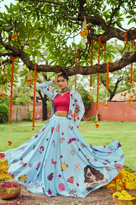 Powder Blue Maslin Cotton Digital Printed Semi Stitched Lehenga Choli