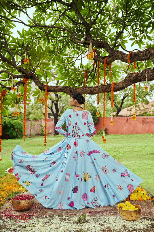 Powder Blue Maslin Cotton Digital Printed Semi Stitched Lehenga Choli