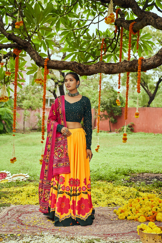 Yellow-Green Maslin Cotton Digital Printed Mirror Work Semi Stitched Lehenga Choli