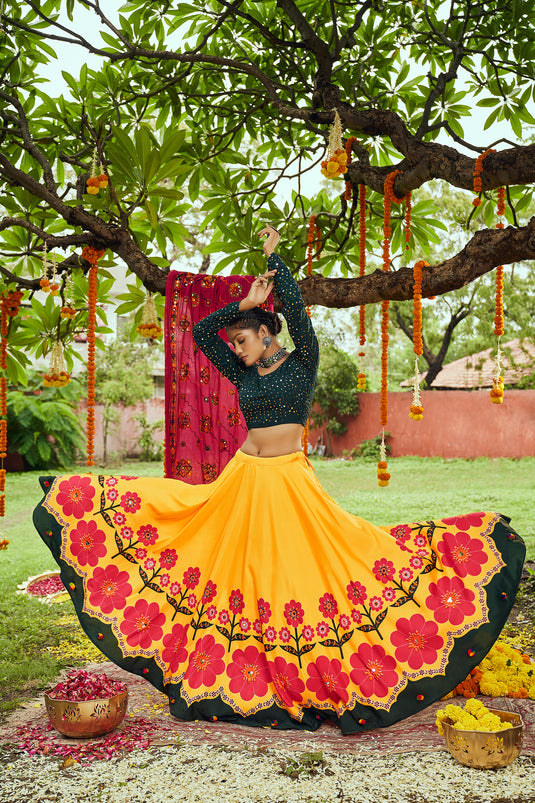 Yellow-Green Maslin Cotton Digital Printed Mirror Work Semi Stitched Lehenga Choli