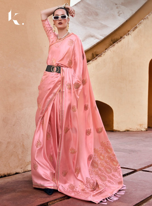 Pink Pure Satin With Copper Zari Weaving Designer Saree