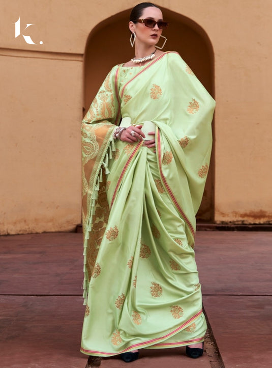 Mint Green Pure Satin With Copper Zari Weaving Designer Saree