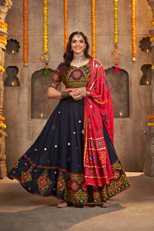 Navy Blue Viscose Rayon Thread Embroidered Multi Work Semi Stitched Lehenga Choli