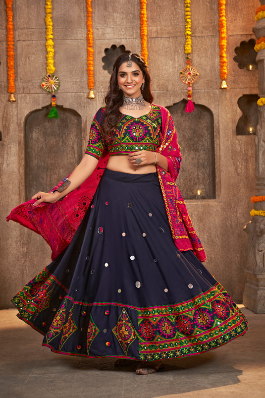 Navy Blue Viscose Rayon Thread Embroidered Multi Work Semi Stitched Lehenga Choli