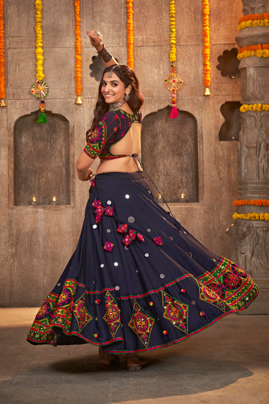 Navy Blue Viscose Rayon Thread Embroidered Multi Work Semi Stitched Lehenga Choli