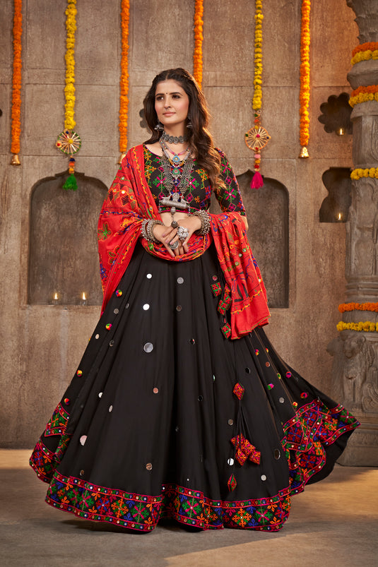 Black Viscose Rayon Thread Embroidered Semi Stitched Lehenga Choli