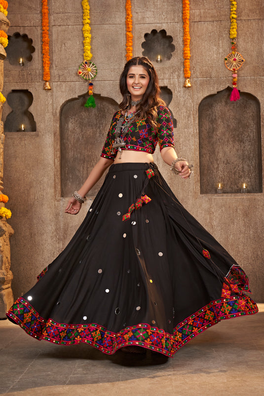 Black Viscose Rayon Thread Embroidered Semi Stitched Lehenga Choli