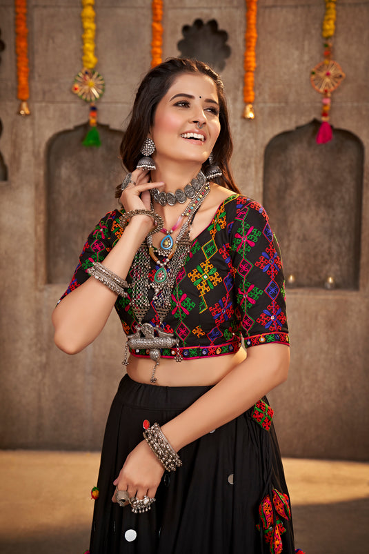 Black Viscose Rayon Thread Embroidered Semi Stitched Lehenga Choli