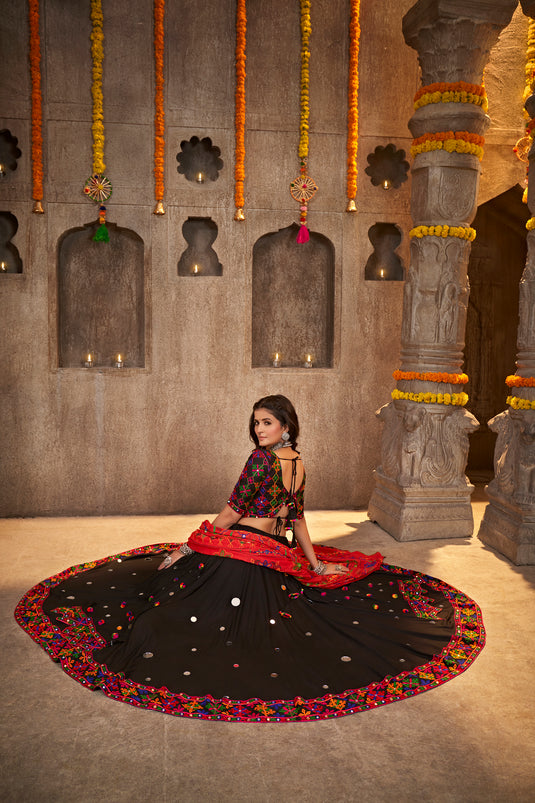 Black Viscose Rayon Thread Embroidered Semi Stitched Lehenga Choli