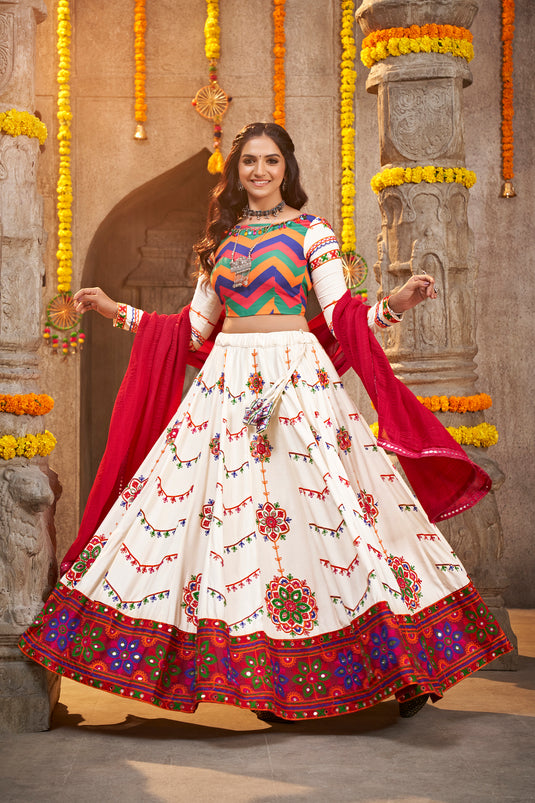 White Viscose Rayon Thread Embroidered Semi Stitched Lehenga Choli