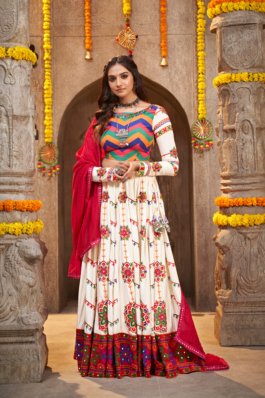 White Viscose Rayon Thread Embroidered Semi Stitched Lehenga Choli