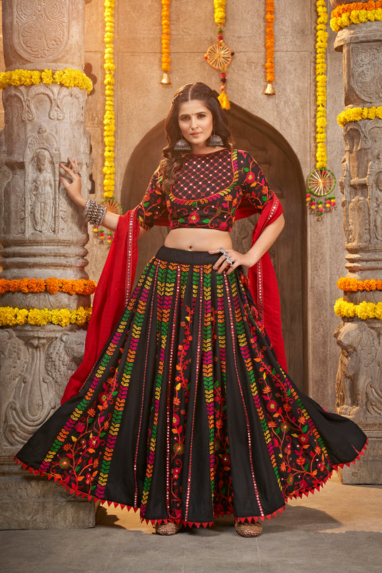 Black Viscose Rayon Thread Embroidered Semi Stitched Lehenga Choli