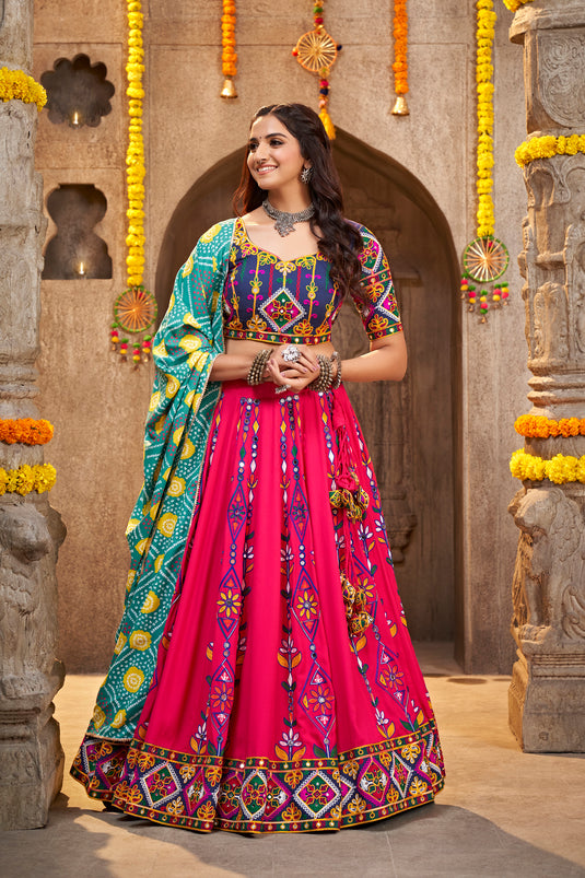 Blue-Pink Viscose Rayon Thread Embroidered Semi Stitched Lehenga Choli