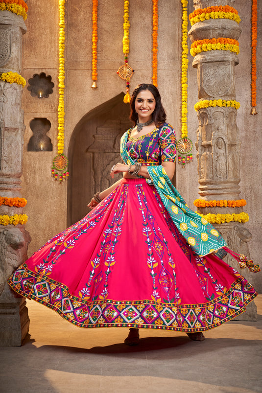 Blue-Pink Viscose Rayon Thread Embroidered Semi Stitched Lehenga Choli