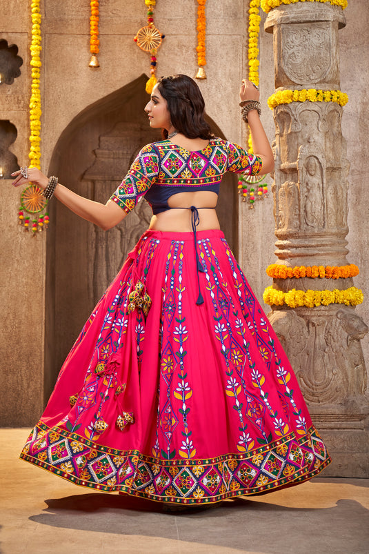 Blue-Pink Viscose Rayon Thread Embroidered Semi Stitched Lehenga Choli