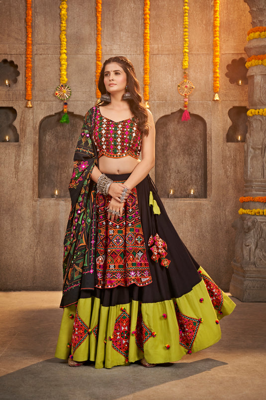 Black Viscose Rayon Thread Embroidered Semi Stitched Lehenga Choli