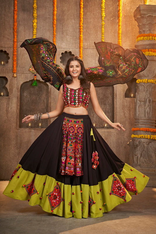 Black Viscose Rayon Thread Embroidered Semi Stitched Lehenga Choli